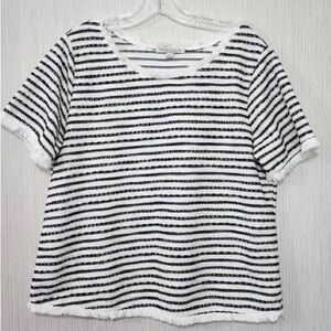 Green Envelope Navy White Stripes Textured Short Sleeve Top Size Medium